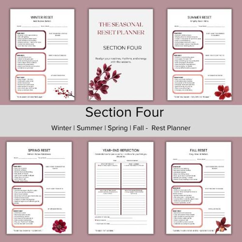 Puede incluir: Un conjunto de p&aacute;ginas de planificador imprimibles con un fondo malva. Las p&aacute;ginas est&aacute;n etiquetadas como "Winter Reset", "Summer Reset", "Spring Reset", "Fall Reset" y "Year-End Reflection". La p&aacute;gina central dice "The Seasonal Reset Planner, Section Four".