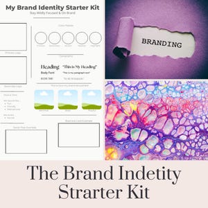 May include: A brand identity starter kit with a color palette, typography examples, and space for logos. The image includes the text "My Brand Identity Starter Kit" and "Stay Wildly Focused & On Brand". A torn paper reveals the word "BRANDING".