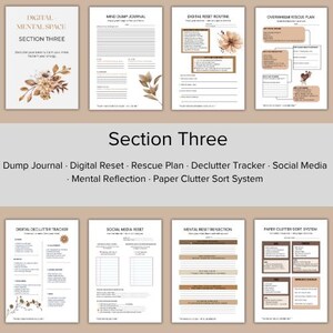 Puede incluir: Una colecci&oacute;n de diarios y planificadores digitales para la salud mental con dise&ntilde;os florales en tonos marrones y beige. Las portadas muestran textos como "Digital Mental Space Section Three" y t&iacute;tulos de diarios como "Mind Dump Journal" y "Digital Reset Routine".