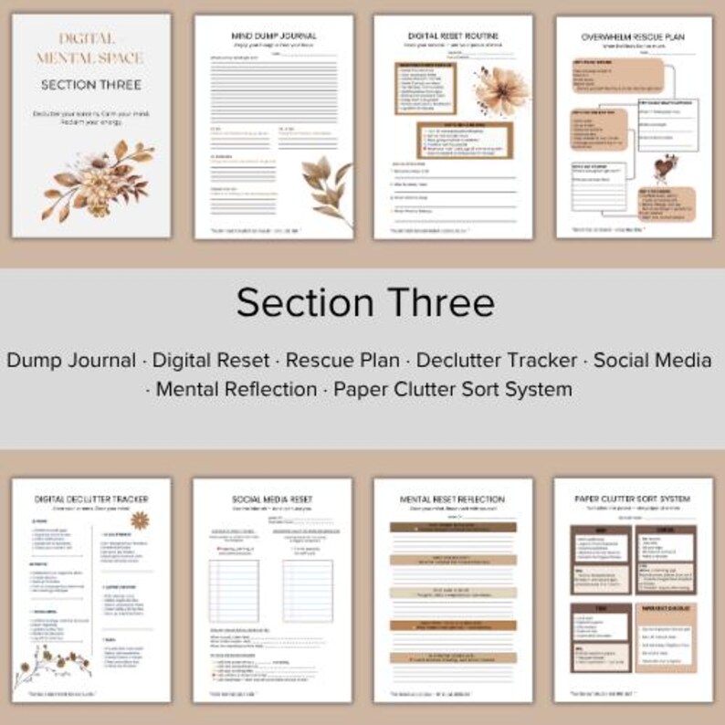 Puede incluir: Una colecci&oacute;n de diarios y planificadores digitales para la salud mental con dise&ntilde;os florales en tonos marrones y beige. Las portadas muestran textos como "Digital Mental Space Section Three" y t&iacute;tulos de diarios como "Mind Dump Journal" y "Digital Reset Routine".