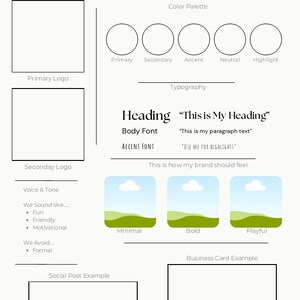 May include: A brand identity starter kit with sections for logo, color palette, and typography. Includes examples of headings and body font. The kit also features sections for voice & tone, and social media and business card examples.