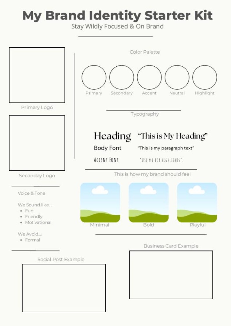 May include: A brand identity starter kit with sections for logo, color palette, and typography. Includes examples of headings and body font. The kit also features sections for voice & tone, and social media and business card examples.