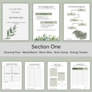 Puede incluir: Un conjunto de p&aacute;ginas de planificador imprimibles con una est&eacute;tica relajante. Las p&aacute;ginas incluyen secciones para el flujo de limpieza, los mood boards y el seguimiento de la energ&iacute;a. El texto dice "Calm the Chaos" y "Section One".
