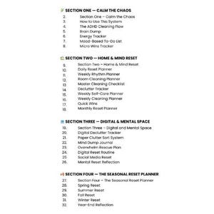 Puede incluir: Una lista detallada de secciones y temas del planificador, como "Calm the Chaos", "Home & Mind Reset", "Digital & Mental Space" y "The Seasonal Reset Planner". Cada secci&oacute;n enumera temas relacionados como "Brain Dump" y "Weekly Rhythm Planner".