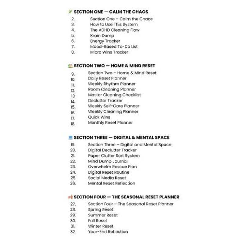 Puede incluir: Una lista detallada de secciones y temas del planificador, como "Calm the Chaos", "Home & Mind Reset", "Digital & Mental Space" y "The Seasonal Reset Planner". Cada secci&oacute;n enumera temas relacionados como "Brain Dump" y "Weekly Rhythm Planner".