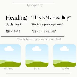 May include: A graphic design layout featuring typography examples and brand feel illustrations. The text includes "Heading", "Body Font", and "Accent Font", with example phrases. Below are three landscape illustrations labeled "Minimal", "Bold", and "Playful".