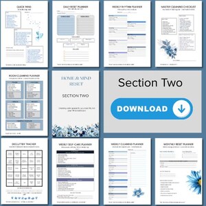 Puede incluir: Una colecci&oacute;n de p&aacute;ginas de planificador imprimibles en azul y blanco. Las p&aacute;ginas incluyen t&iacute;tulos como "Quick Wins", "Daily Reset Planner", "Weekly Rhythm Planner" y "Declutter Tracker". La imagen tambi&eacute;n incluye un bot&oacute;n "Download" y el texto "Section Two".