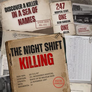 Peut inclure: Une collection de documents imprimés pour un jeu d'enquête policière intitulé The Night Shift Killing. Les papiers présentent du texte incluant Discover a Killer in a Sea of Names, 247 Hospital Staff, One Dead Surgeon, One Killer et St. Catherine's Hospital.