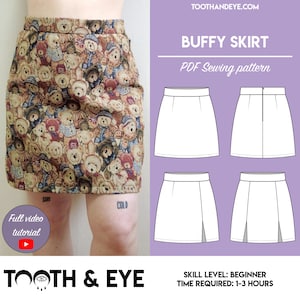 May include: A PDF sewing pattern for a short skirt called the "Buffy Skirt". The pattern includes instructions for a beginner sewer and is estimated to take 1-3 hours to complete. The image shows a white line drawing of the skirt in four different views.
