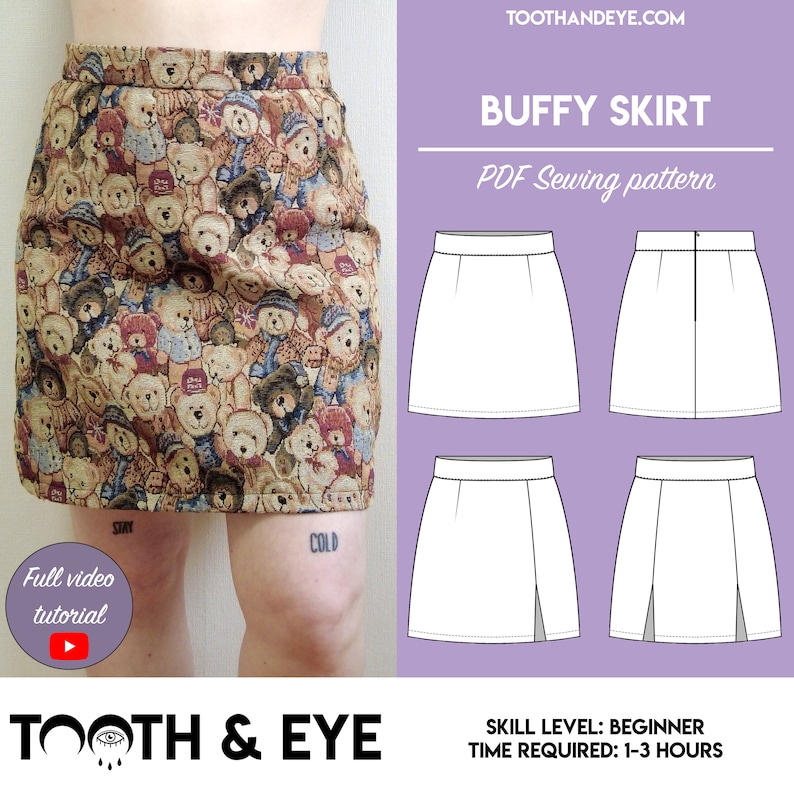 PDF 90s Buffy Skirt Sewing Pattern Sizes UK2-26/US00-22 Instant download Print at home on A4 and US Letter image 1