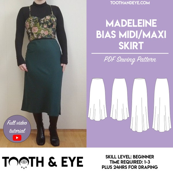 PDF Madeleine Bias Skirt Midi and Maxi Length Sewing Pattern | Sizes UK2-26/US00-22 | Instant download | Print at home on A4 and US Letter