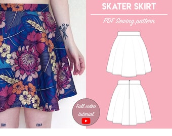 PDF High Waist Skater Skirt Sewing Pattern + Inseam Pocket | Sizes UK2-26/US00-22 | Instant download | Print at home on A4 and US Letter