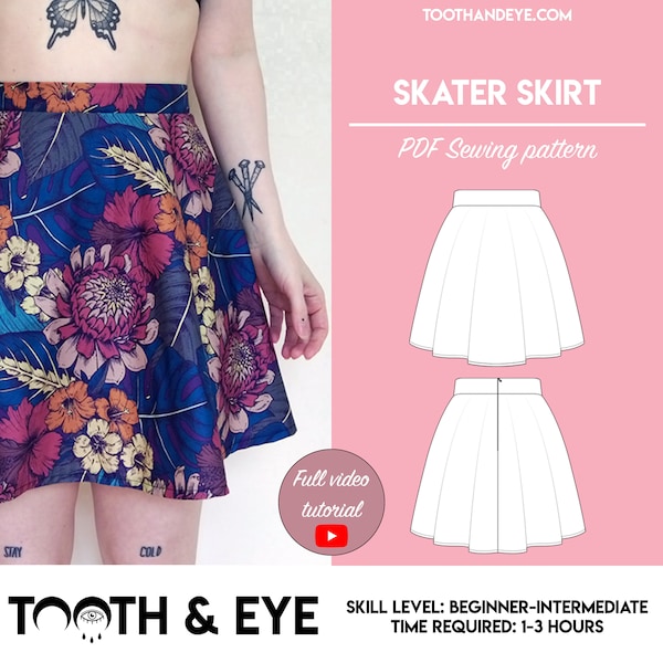PDF High Waist Skater Skirt Sewing Pattern + Inseam Pocket | Sizes UK2-26/US00-22 | Instant download | Print at home on A4 and US Letter