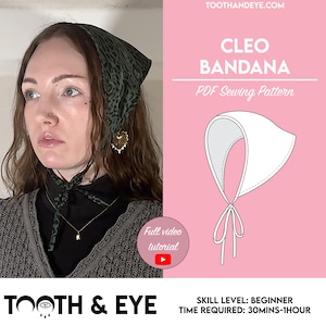 Patrón de costura de bandana Cleo con lazo en la espalda en PDF / Tallas XS-3XL / Descarga instantánea / Impresión en casa en tamaños A4, Carta de EE. UU. y A0
