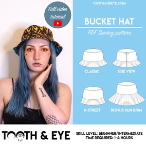 PDF Bucket and Sun Hat Sewing Pattern | Head Circumference 53.5cm-68.5cm 21"-27" | Instant download | Print at home on A4 and US Letter