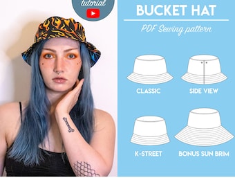 PDF Bucket and Sun Hat Sewing Pattern | Head Circumference 53.5cm-68.5cm 21"-27" | Instant download | Print at home on A4 and US Letter