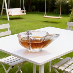 Può includere: Una ciotola di vetro trasparente con un design unico a forma di fiore di loto, riempita con un liquido marrone. Un cucchiaio abbinato a forma di fiore di loto è all'interno. La ciotola è su un tavolo bianco, con un prato verde e altalene sullo sfondo.