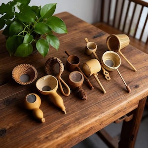 May include: A selection of wooden and woven tea strainers and scoops. The strainers feature fine mesh filters. The items are displayed on a wooden table. A potted plant is visible in the background.