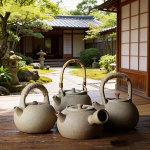 Può includere: Quattro teiere in ceramica grigio-verde tenue sono disposte su una superficie di legno. Le teiere hanno corpi arrotondati e beccucci, con manici in corda o bambù. Lo sfondo presenta un tradizionale giardino giapponese.