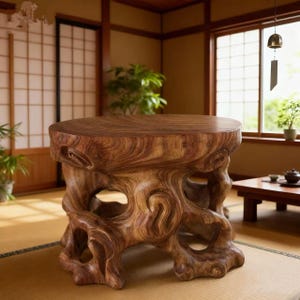 Op de afbeelding: Een handgemaakte, bruine houten bijzettafel met een uniek, organisch ontwerp. De tafel heeft een rond blad en een voet die is gesneden om op boomwortels te lijken, waardoor een natuurlijke esthetiek ontstaat. De tafel is ongeveer 50 cm in diameter en 45 cm hoog.