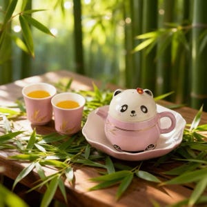 Puede incluir: Una tetera rosa con forma de panda con un platillo a juego y dos pequeñas tazas rosas llenas de líquido naranja. La tetera tiene una tapa blanca con una flor roja y ojos negros. Las tazas y la tetera tienen diseños de hojas doradas.