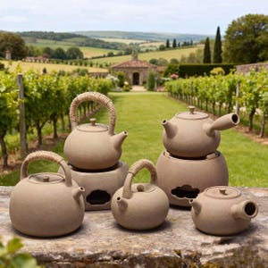 Pode incluir: Uma coleção de bules e aquecedores de cerâmica bege com alças de corda, exibidos ao ar livre. Os bules variam em tamanho e formato, com um design clássico de bico e tampa. O fundo apresenta uma vinha e um pequeno edifício de pedra.