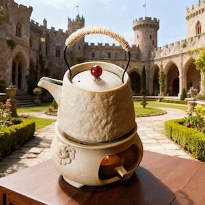 Può includere: Una teiera in ceramica beige con manico in corda e pomello rosso sul coperchio. La teiera è appoggiata su uno scaldavivande abbinato con un design decorativo. Una candela accesa è all'interno dello scaldavivande. Lo sfondo presenta un castello e un giardino.