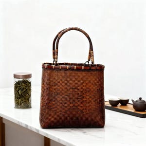 May include: A rectangular brown woven basket with two arched handles. The basket is made of tightly woven bamboo or similar material. A glass jar of tea leaves and a tea set are on the table.