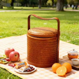 Puede incluir: Una cesta de picnic marrón tejida con asa, colocada sobre una manta a cuadros. La cesta es cilíndrica con tapa. Manzanas, naranjas y bocadillos están dispuestos cerca, lo que sugiere un picnic. También hay una tetera y una taza de té.