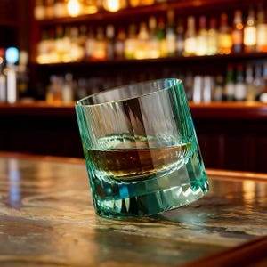 May include: A teal-coloured, angled rocks glass filled with a light amber liquid, possibly a cocktail or spirit. The glass has a faceted design and rests on a bar, with a blurred background of bottles.