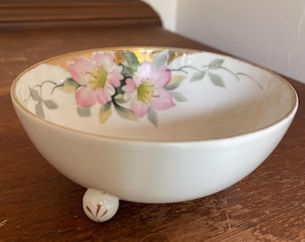 Vintage Noritake Schale Azalee | Goldrand Sahneschale | Dreifuß | Pastellfarben | Cottage Oma Schmuck Trinket Teller