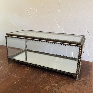 May include: A rectangular glass display box with a hinged lid, featuring clear glass panels and a mirrored base. The structure is held together by an ornate, dark metallic frame with a decorative scalloped edge along the top and bottom borders.