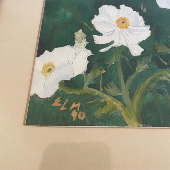 水彩画の花の絵画｜オリジナル額入りアートワーク｜緑の葉と白い花 