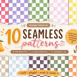 May include: A digital collection of 10 seamless watercolour checkered patterns in various colours including pink, purple, green, yellow, blue, and orange. The image features the text mango moca.co, 10 SEAMLESS patterns, and hand-painted watercolour checkered patterns.