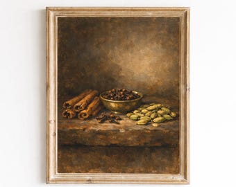 Épices fraîches entières sur ardoise sombre, cannelle, clous de girofle, cardamome, décoration murale, art de cuisine vintage, décoration imprimable chaleureuse
