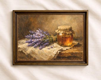 Fresh Lavender And Honey Jar On Linen Cloth In Morning Light Wall Art, Vintage Kitchen Art, Printable Wall Decor