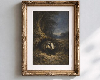 Blaireau solitaire émergeant d'une forêt ancienne à l'heure bleue - Tableau mural, peinture à l'huile classique, affiche spectaculaire à imprimer