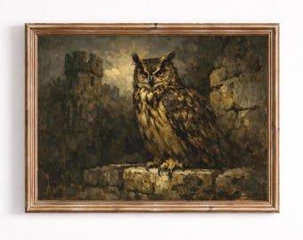Portrait saisissant d'un hibou grand-duc d'Europe sur le mur d'une ancienne forteresse, peinture à l'huile ancienne, mystérieux et pensif