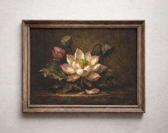 Exotic Lotus Flower Emerging From Dark Still Water, Baroque Oil Painting, Printable Wall Art
