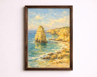 Rocher rocheux lumineux de l'Algarve aux falaises dorées sous la lumière de l'après-midi, peinture côtière vintage, art mural chaleureux et paisible