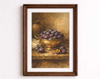 Reproduction d'une peinture à l'huile du XIXe siècle représentant des prunes damson mûres.
