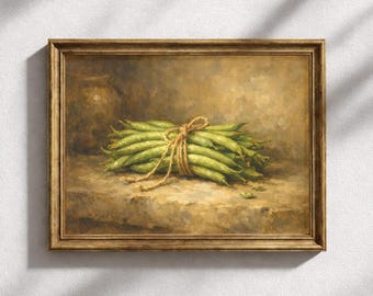 Nature morte de haricots verts frais - Tableau rustique pour cuisine