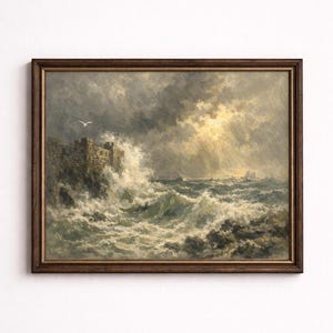 Dramatic Ocean Waves Crashing Against Ancient Sea Wall, Wall Art Classical Oil Painting, Epic Printable Wall Art