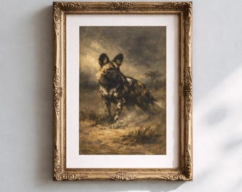 Portrait saisissant d'un lycaon sur fond de savane poussiéreuse, tableau à l'huile, imprimable