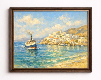 Ferry lumineux de la mer Égée approchant du village de White Island, tableau mural au soleil de midi, peinture à l'huile des maîtres anciens, calme serein