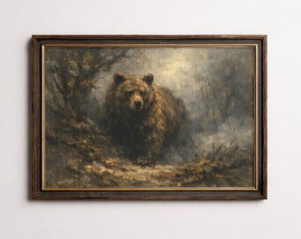 Dramatic Portrait Of Brown Bear In Misty Autumn Forest Wall Art, Baroque Oil Painting, Mysterious And Brooding Printable