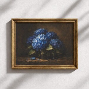 ドラマチックなディープブルーのアジサイの壁アート、ファインアート油絵、豊かで豪華な印刷物