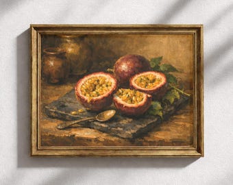 Fruit de la passion mûr coupé en deux sur une ardoise sombre, baigné d'une chaude lumière tropicale. Décoration murale, nature morte de l'âge d'or hollandais, ambiance dorée.