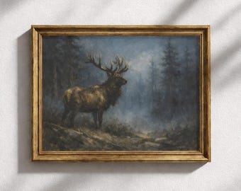 Élan solitaire dans une forêt de pins brumeuse à l'heure bleue, peinture à l'huile des maîtres anciens, affiche à imprimer