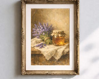 Tableau mural en lin représentant un pot de lavande fraîche et de miel, nature morte culinaire antique à imprimer.